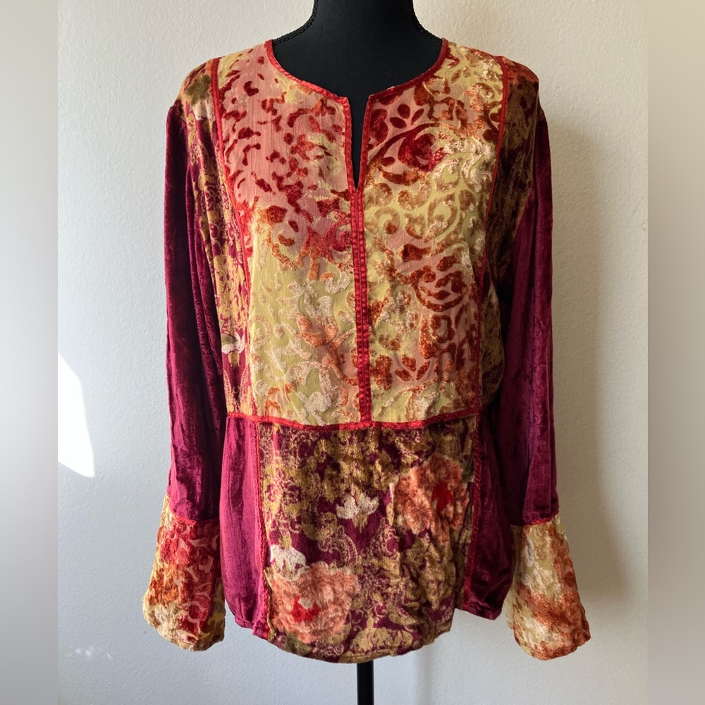 Vintage '90s Clio Velvet Tunic Top/Poet's Blouse Burnout Floral Boho Hippie L